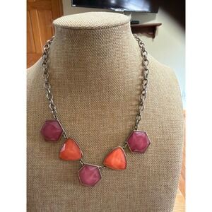 Geometric Pink Orange Resin Stone Silver Tone Statement Bib Necklace Chunky